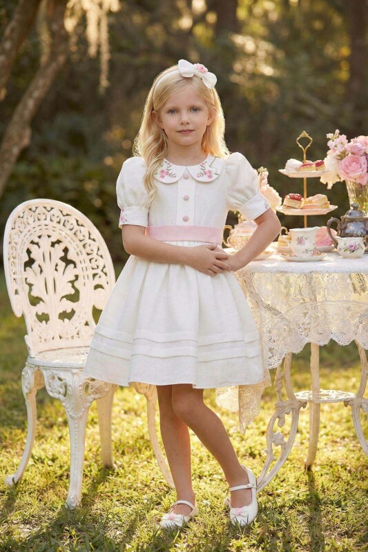 Ecru Girls Elegant Embroidered Collar Dress with Headband 3-7 AGE 36394PR 