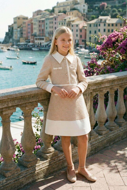 Beige Girls Classic Tweed Dress with Decorative Buttons and Satin Collar 8-15 AGE 36393PR 