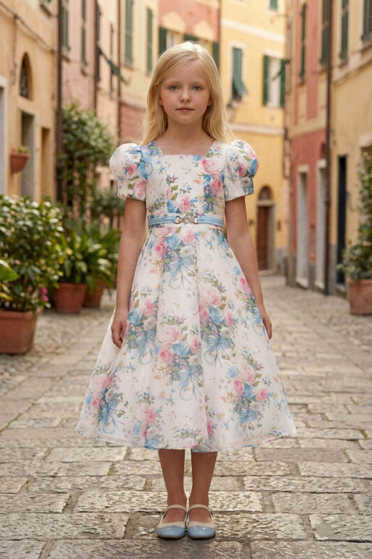 Ecru Girls Floral Organza Belted Dress 8-15 AGE 36215PR 