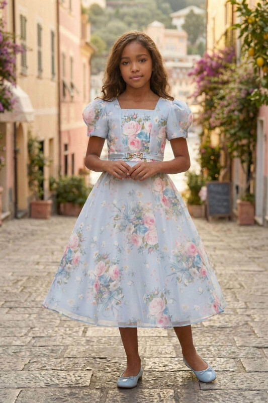 Blue Girls Floral Organza Belted Dress 8-15 AGE 36215PR 