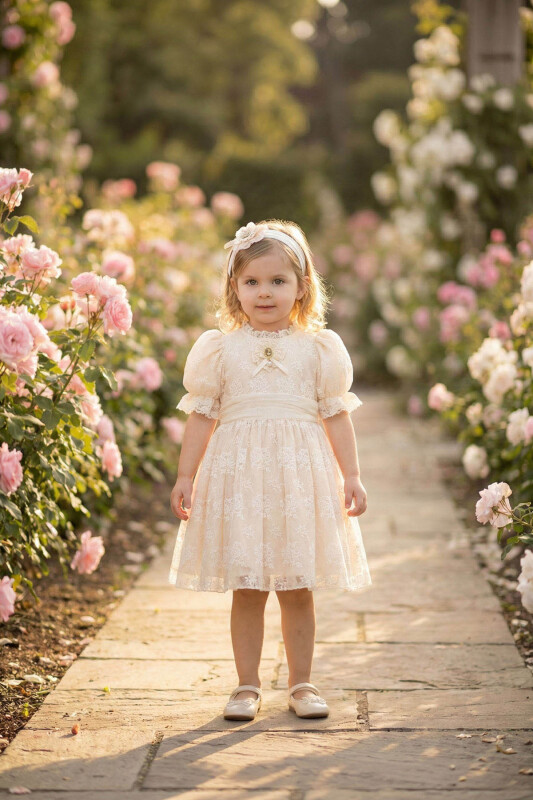 Beige Baby Girls Vintage Lace Dress with Headband 6-24 MONTH 36315PR 
