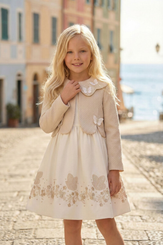 Beige Girls Butterfly Dress & Jacket Set 3-7 AGE 36307PR 