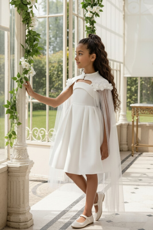 Ecru Girls Dress with Embroidered Cape 3-7 AGE 36094PR 