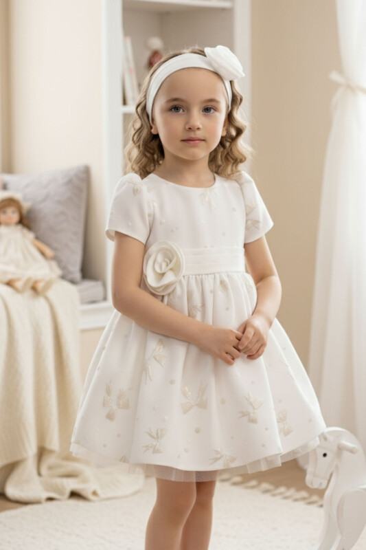 Beige Baby Dress with Bow Motifs and Flower Headband 6-24 MONTH 36171PR - Clothes