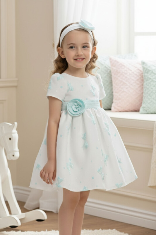 Mint Baby Dress with Bow Motifs and Flower Headband 6-24 MONTH 36171PR 