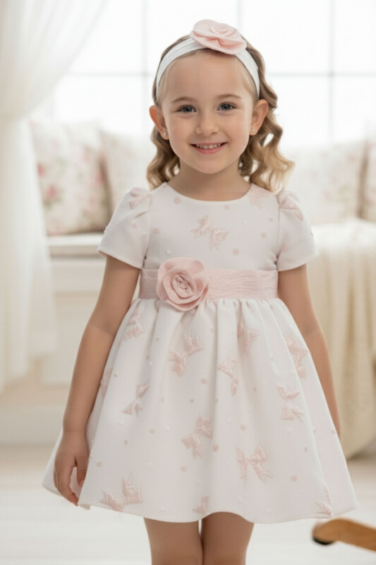 Powder Baby Dress with Bow Motifs and Flower Headband 6-24 MONTH 36171PR - Clothes