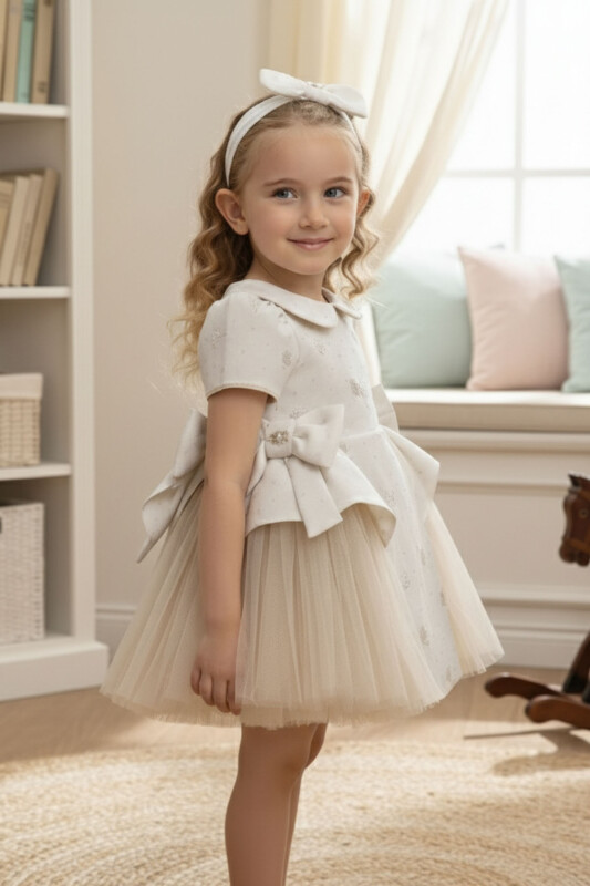 Beige Baby Dress with Side Tulle Bows 6-24 MONTH 36168PR 