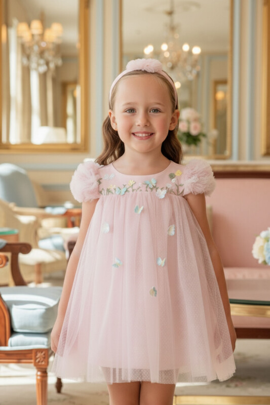 Powder Baby Dress with Embroidered Butterflies and Matching Headband 6-24 MONTH 36075PR 