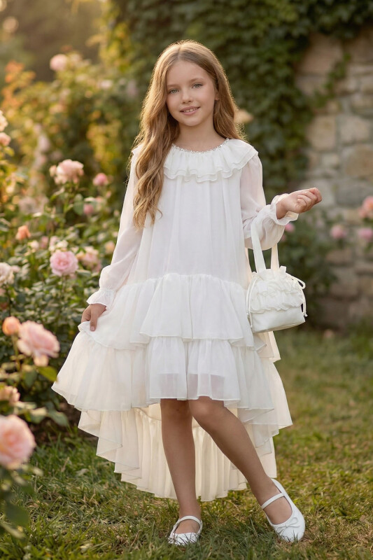 Ecru Girls Ruffle Chiffon Dres with Bag 3-7 AGE 36263PR - Clothes