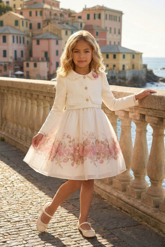 Ecru Girls Floral Organza Dress with Jacket 3-7 AGE 36298PR 