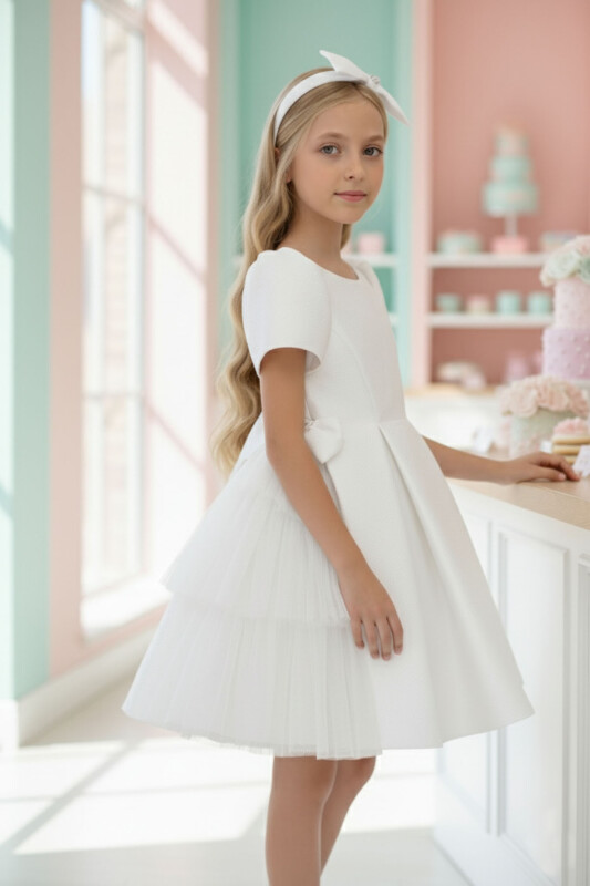 Ecru Girls Layered Tulle Side-Bow Dress 3-7 AGE 36306PR 