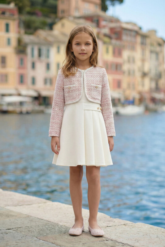 Ecru Girls Tweed Dress & Jacket Set 3-7 AGE 36332PR 