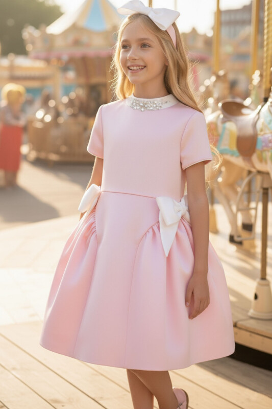 Powder Girls Dress with Crystal Collar and Satin Bows 3-7 AGE 36283PR 
