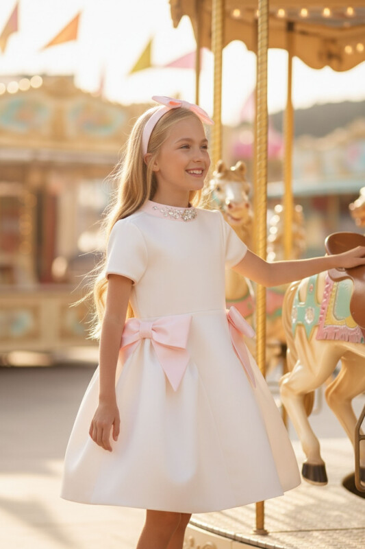 Ecru Girls Dress with Crystal Collar and Satin Bows 3-7 AGE 36283PR 