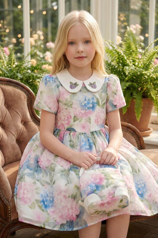 Powder Girls Dress with Embroidered Collar & Matching Bag 3-7 AGE 36165PR 
