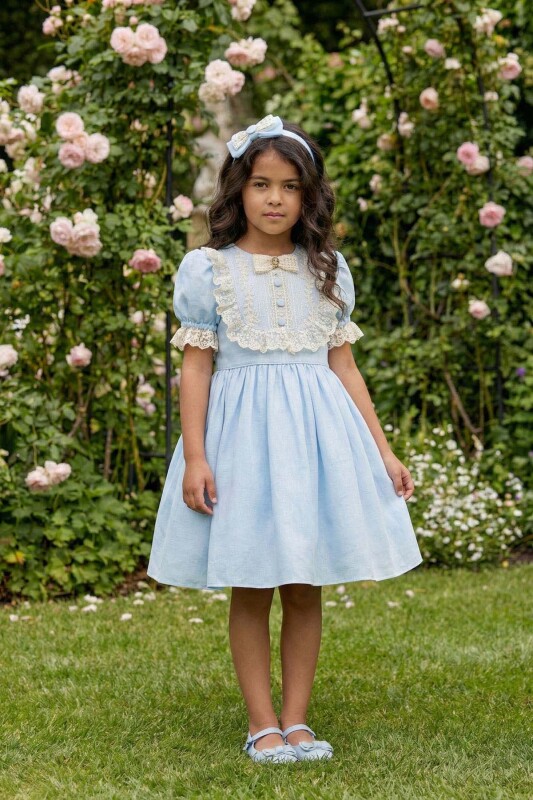 Blue Vintage-Inspired Lace Detailed Dress with Headband 3-7 AGE 36403PR 