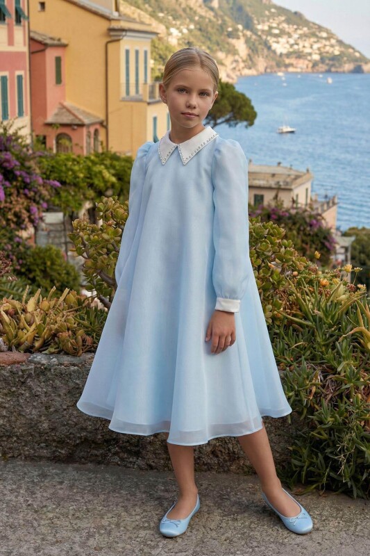 Blue Girls Chiffon A-Line Dress with Beaded Satin Collar 8-15 AGE 36391PR 
