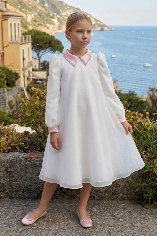 Ecru Girls Chiffon A-Line Dress with Beaded Satin Collar 8-15 AGE 36391PR 