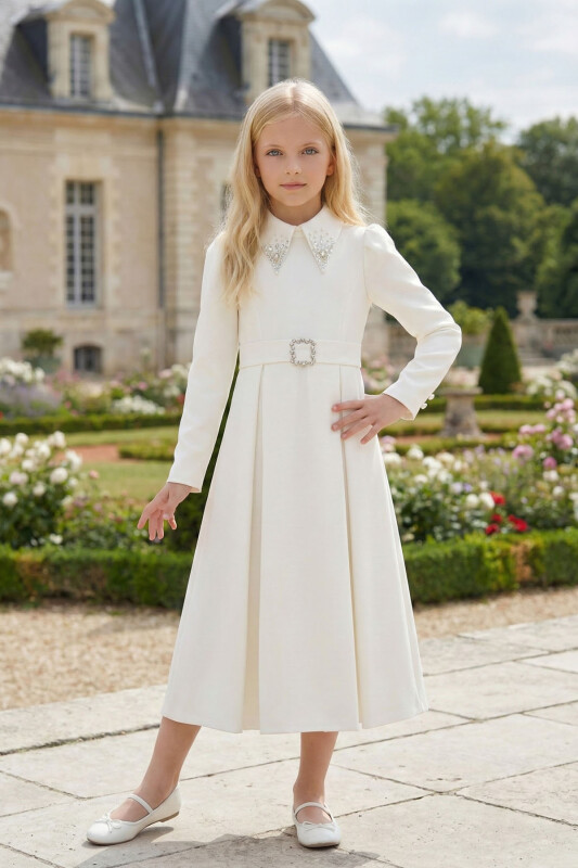 Ecru Girls Elegant Long Sleeve Belted Dress with Embellished Collar 8-15 AGE 36390PR 