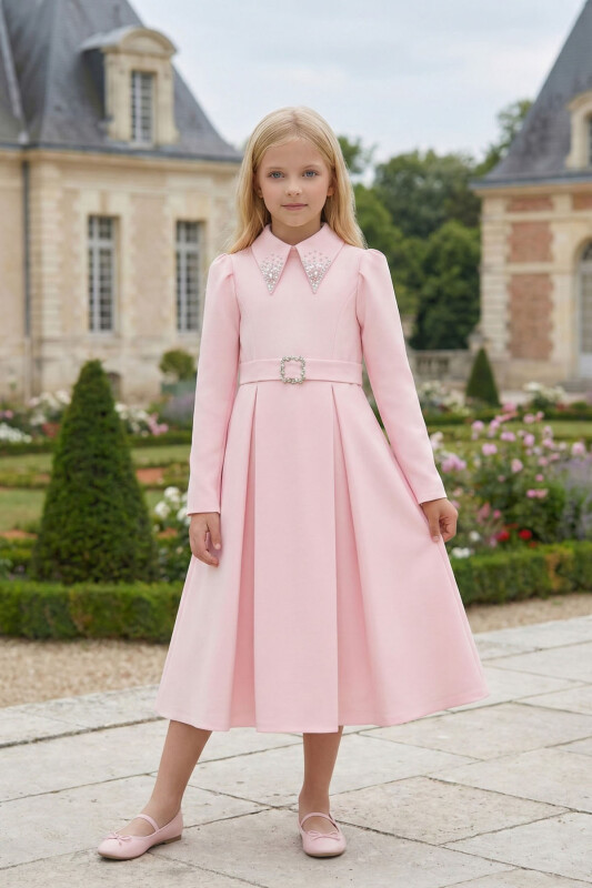Powder Girls Elegant Long Sleeve Belted Dress with Embellished Collar 8-15 AGE 36390PR 