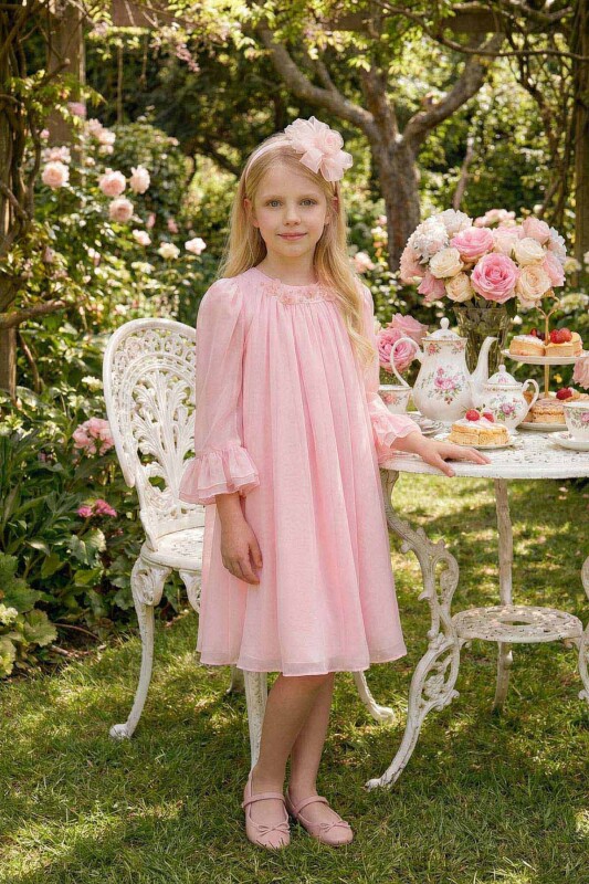 Powder Chiffon Swing Dress with Pearl Flower Headband 3-7 AGE 36411PR - Clothes