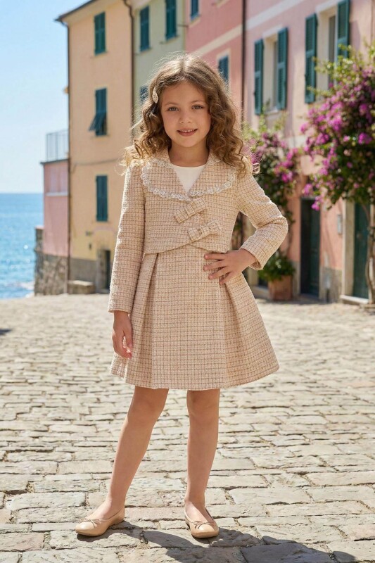 Beige Girls Tweed Dress & Jacket Set 3-7 AGE 36309PR 