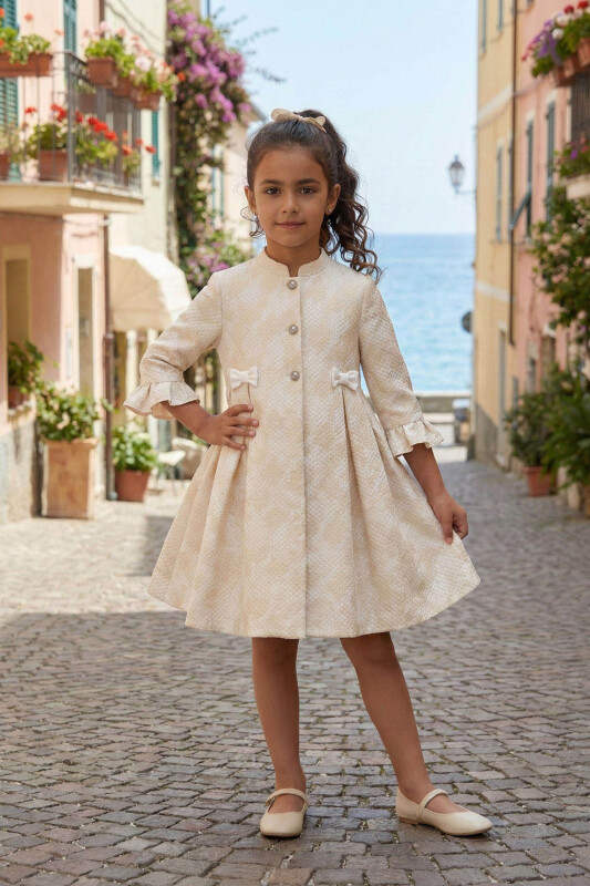 Beige Grils Dress with Long Jacquard Coat Set 3-7 AGE 36295PR - Clothes