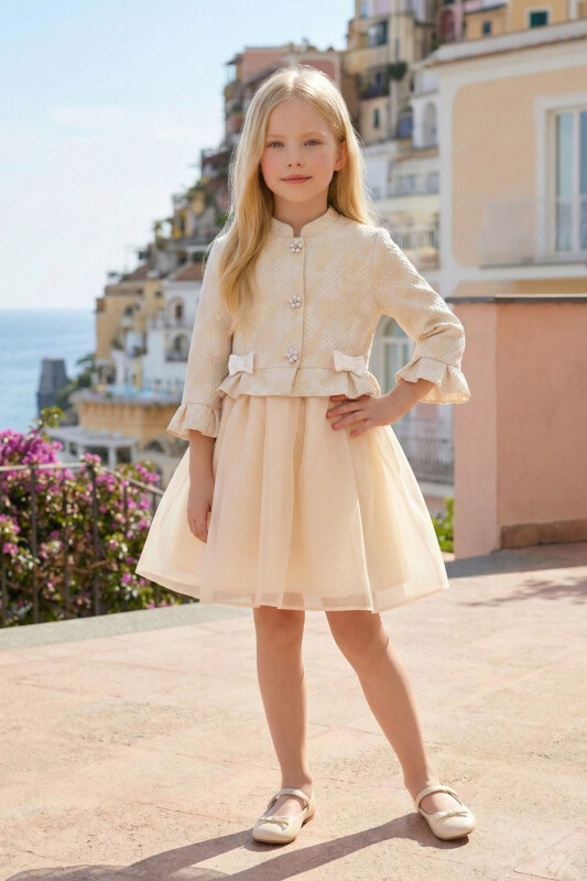 Beige Girls Jacquard Jacket & Organza Dress Set 3-7 AGE 36294PR - Clothes