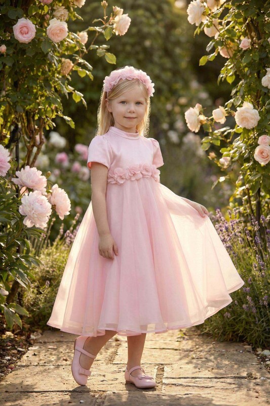 Powder Girls Flower Belt Satin Dress & Floral Headband Set 3-7 AGE 36392PR 