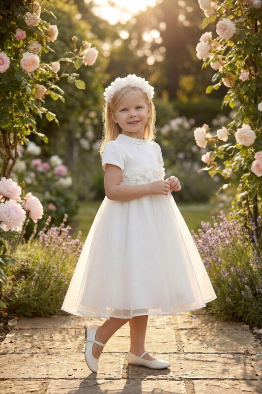 Ecru Girls Flower Belt Satin Dress & Floral Headband Set 3-7 AGE 36392PR 