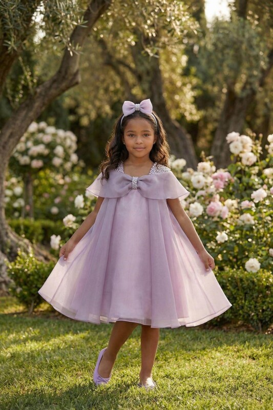 Purple Girls Pearl Shoulder Organza Dress with Matching Headband 3-7 AGE 36377PR 