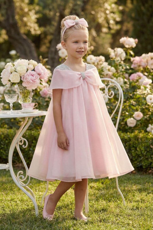 Powder Girls Pearl Shoulder Organza Dress with Matching Headband 3-7 AGE 36377PR 