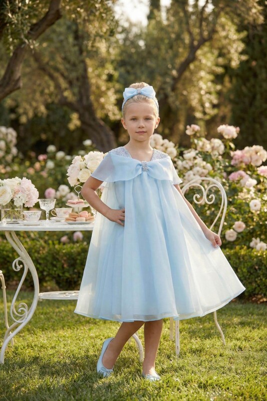 Blue Girls Pearl Shoulder Organza Dress with Matching Headband 3-7 AGE 36377PR 