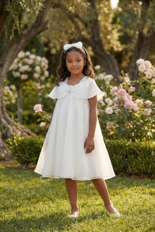Ecru Girls Pearl Shoulder Organza Dress with Matching Headband 3-7 AGE 36377PR 