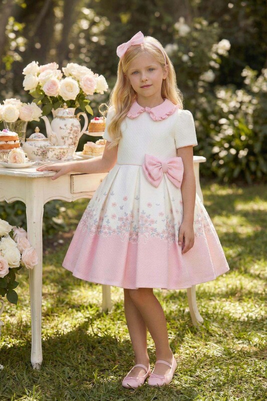 Powder Girls Floral Jacquard Dress with Bow Headband 3-7 AGE 36186PR 