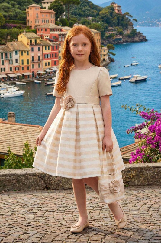 Beige Girls Striped Party Dress with Matching Bag 3-7 AGE 36179PR 