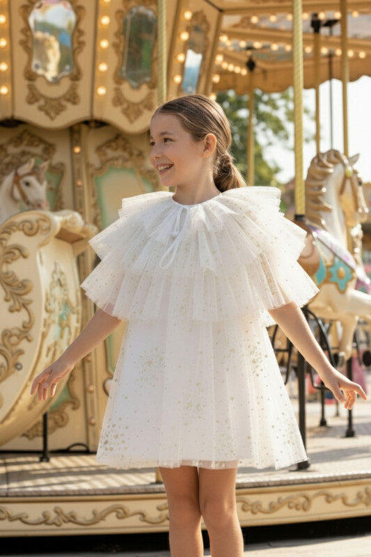 Ecru Girls Dress with Layered Tulle Cape (3-7 Age) 3-7 AGE 36047PR - Clothes