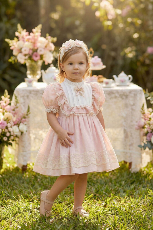 Beige Baby Girls Vintage Lace Dress with Headband 6-24 MONTH 36420PR 