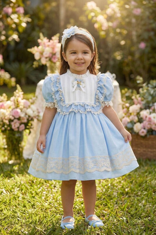 Blue Baby Girls Vintage Lace Dress with Headband 6-24 MONTH 36420PR 