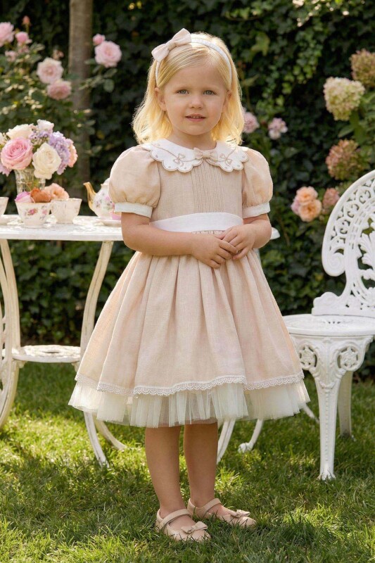 Beige Baby Girl Classic Puff Sleeve Dress with Headband 6-24 MONTH 36371PR 