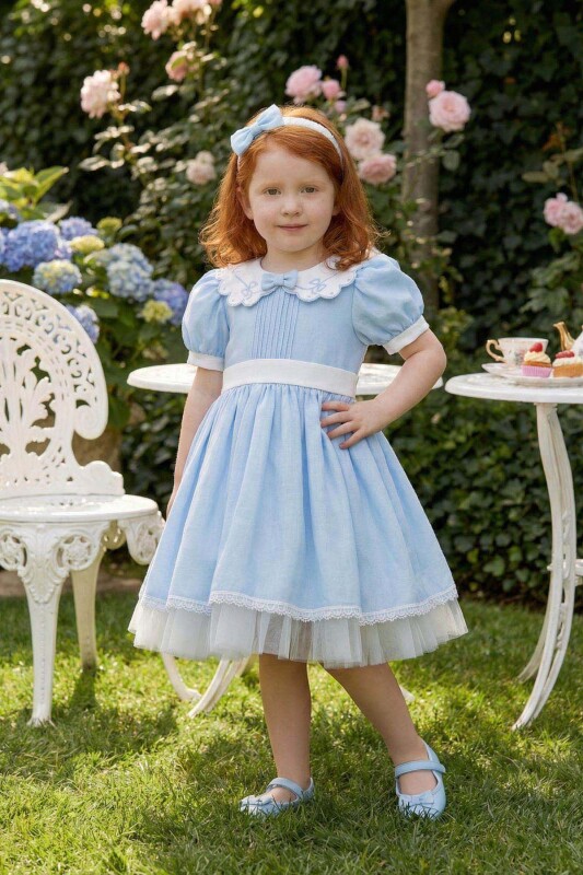 Blue Baby Girl Classic Puff Sleeve Dress with Headband 6-24 MONTH 36371PR 