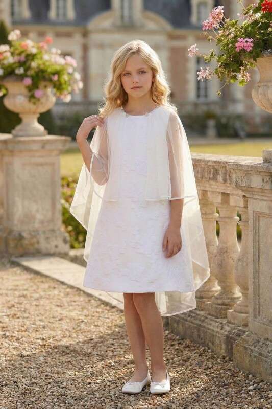 Ecru Girls’ Jacquard A-Line Dress with Cape 8-15 AGE 36146PR 