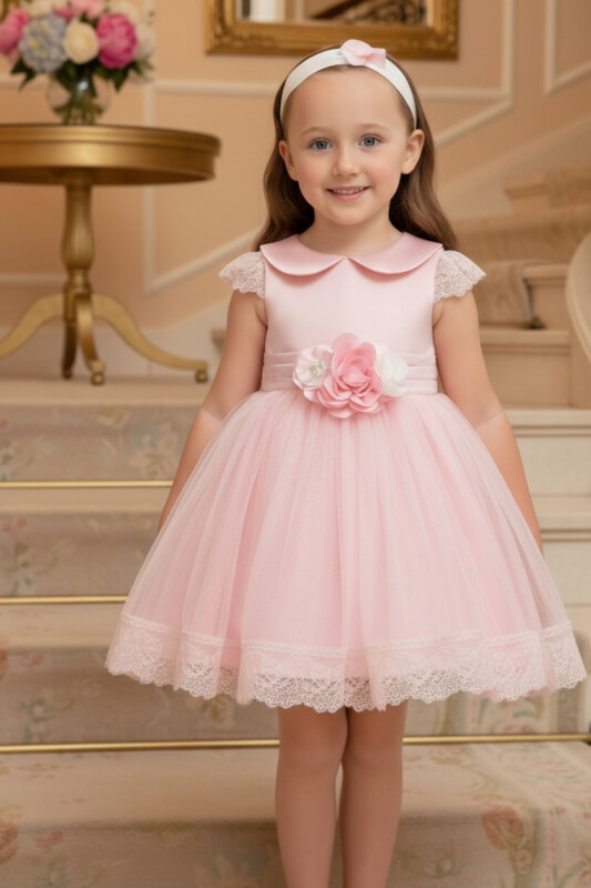 Powder Baby Dress with Lace Sleeves and Floral Headband (6–24 Months) 6-24 MONTH 36004PR 