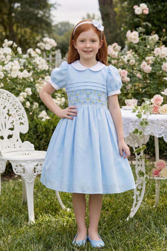 Blue Classic Embroidered Smock Dress with Headband 3-7 AGE 36383PR 