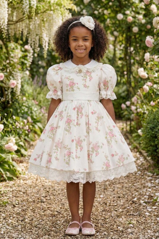 Ecru Vintage-Inspired Floral Dress with Headband 3-7 AGE 36374PR - Clothes