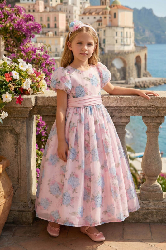 Powder Floral Organza Maxi Dress with Hair Accessory 3-7 AGE 36368PR 