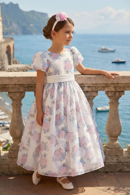 Ecru Floral Organza Maxi Dress with Hair Accessory 3-7 AGE 36368PR 