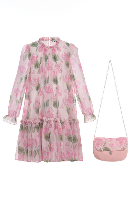 Pink Girls Chiffon Dress with Matching Bag 3-7 AGE 36220PR - Clothes (1)