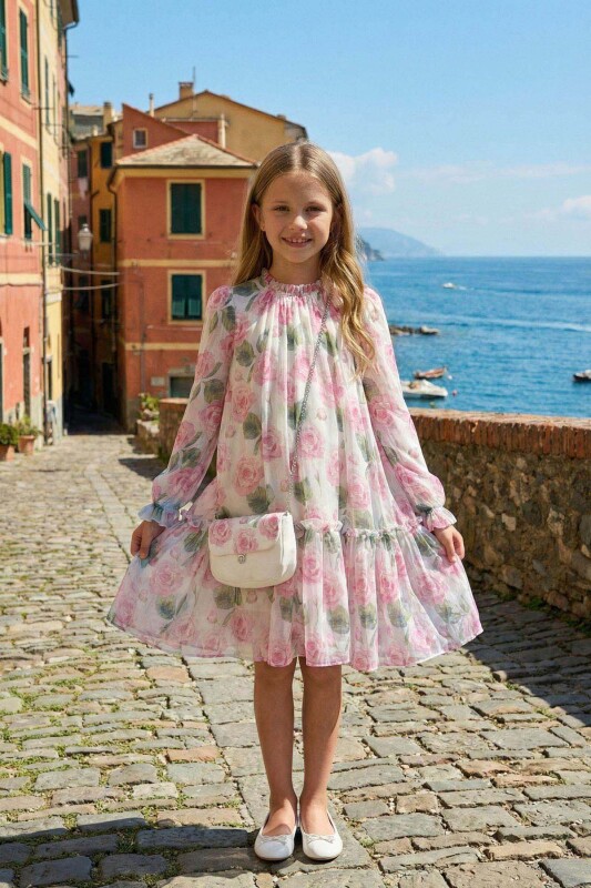 Ecru Girls Chiffon Dress with Matching Bag 3-7 AGE 36220PR - Clothes