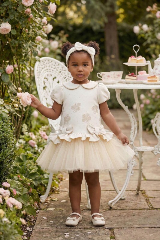 Beige Baby Girls Bow Detail Tulle Dress & Headband 6-24 MONTH 36170PR 